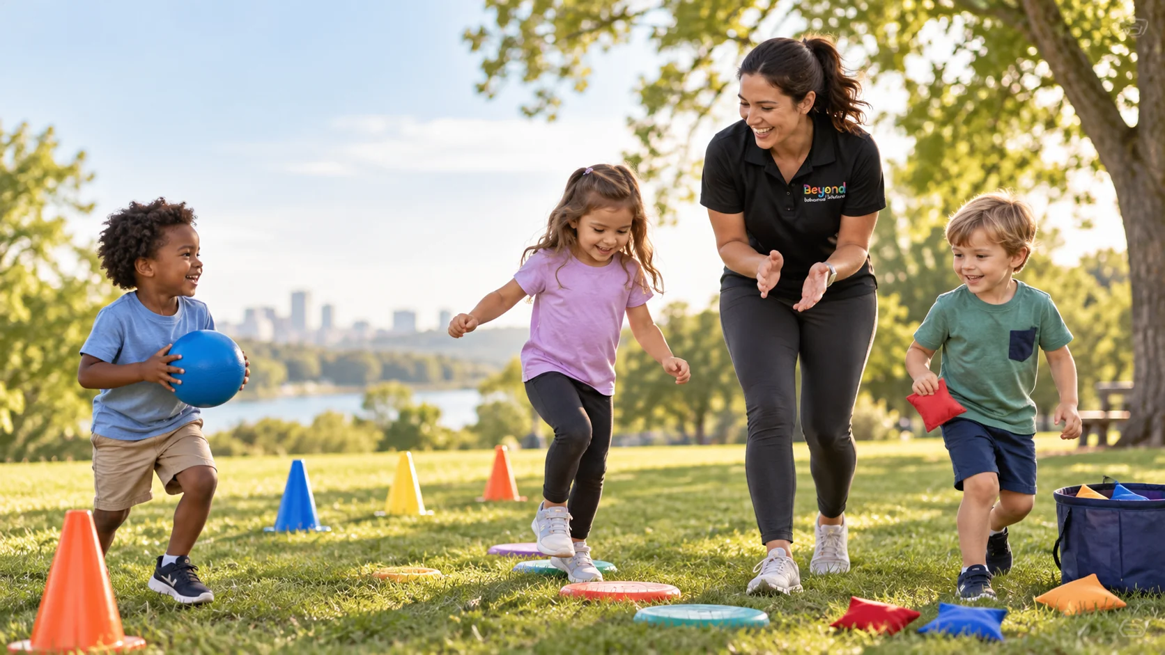 A therapist guides three children through outdoor play with a ball, stepping discs, and beanbags.